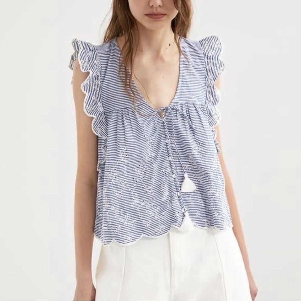 Zara Blue and White Striped Embroidered Peasant Blouse